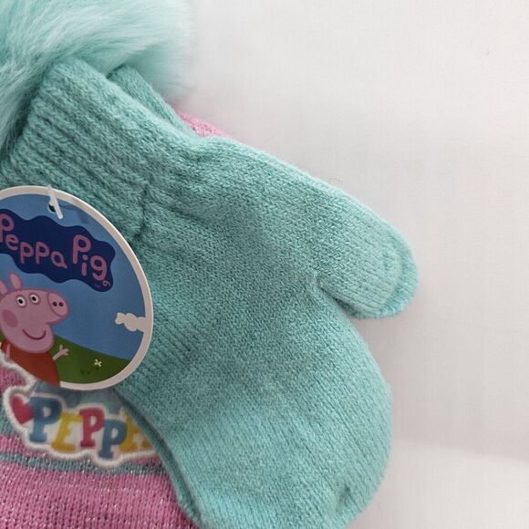 Peppa Pig Beanie Hat and Mittens Set - Pink & Teal Stripes with Pom Pom Toddler - Picture 10 of 10